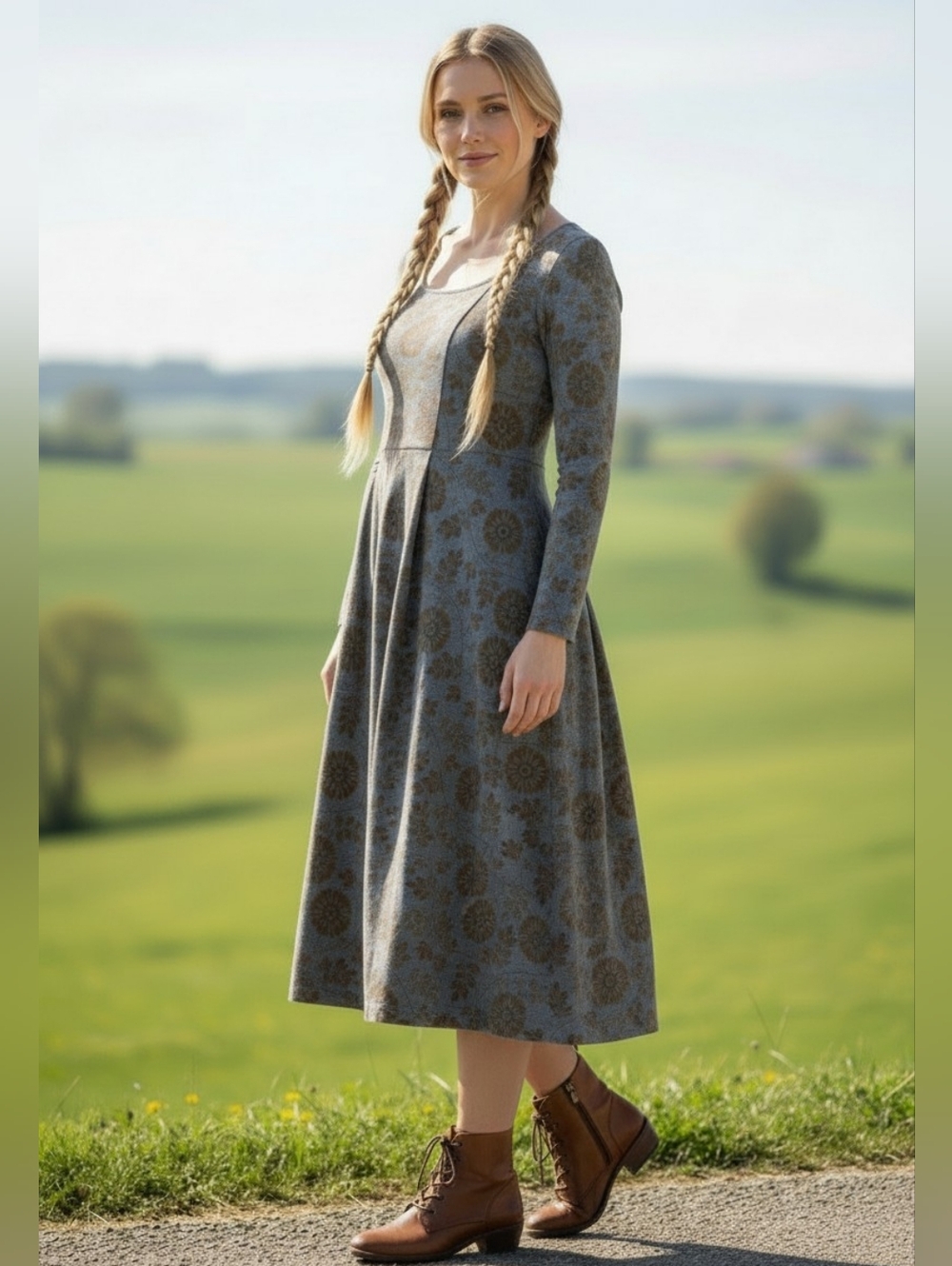 Gudrun Sjöden Linen Blend Long Sleeve Midi  Dress Grey Blue With Brown Floral M